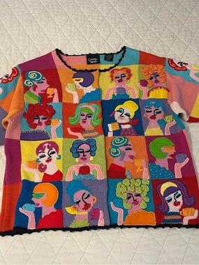 VTG Christina Color block Faces Cotton Cardigan 90’s The Nanny Grandma Sz S